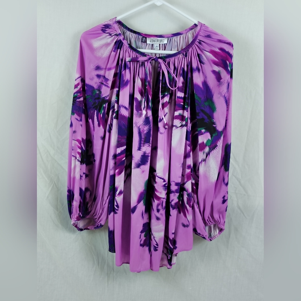 Jennifer Lopez Purple Floral Tie-Neck Blouse